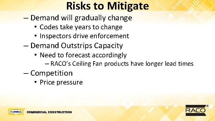 Risks to Mitigate – Demand will gradually change • Codes take years to change