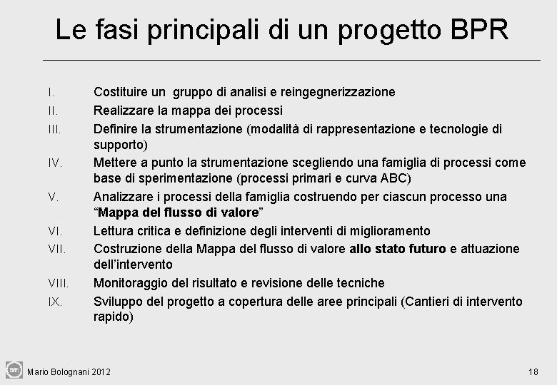 Le fasi principali di un progetto BPR I. III. IV. V. VIII. IX. Costituire