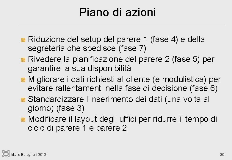 Piano di azioni Riduzione del setup del parere 1 (fase 4) e della segreteria