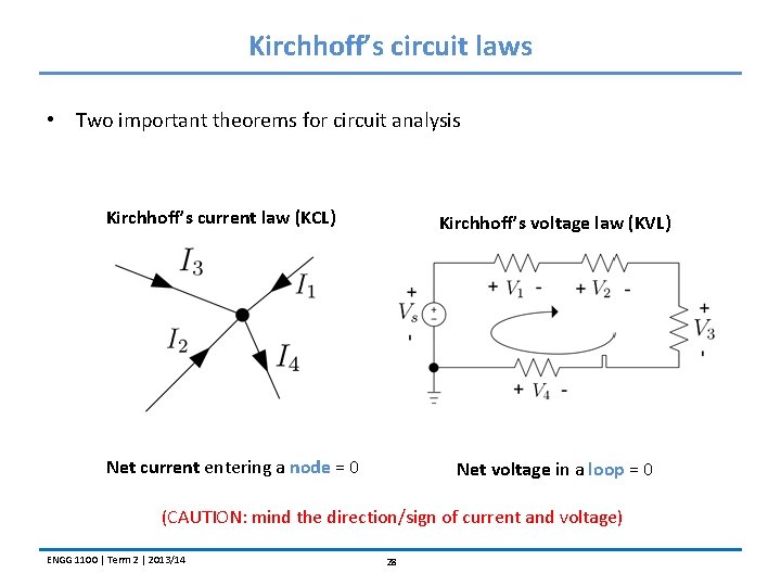 Kirchhoff’s circuit laws • Two important theorems for circuit analysis Kirchhoff’s current law (KCL)