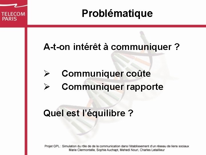 Problématique A-t-on intérêt à communiquer ? Ø Ø Communiquer coûte Communiquer rapporte Quel est