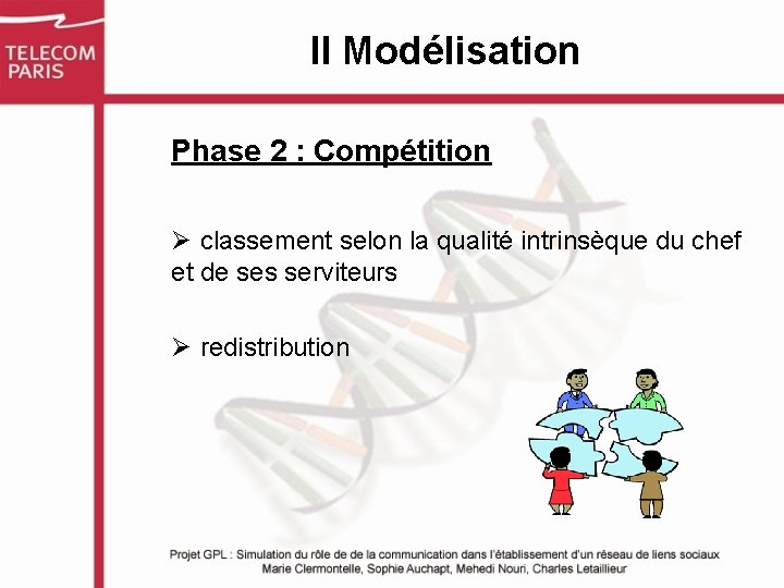 II Modélisation Phase 2 : Compétition Ø classement selon la qualité intrinsèque du chef