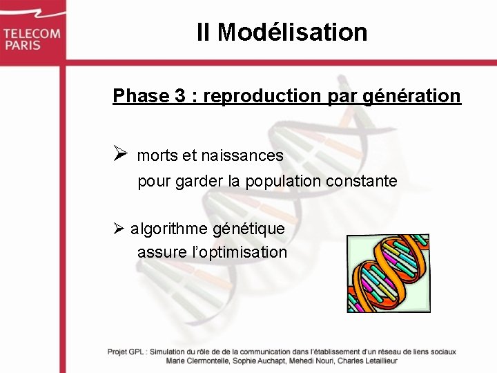 II Modélisation Phase 3 : reproduction par génération Ø morts et naissances pour garder