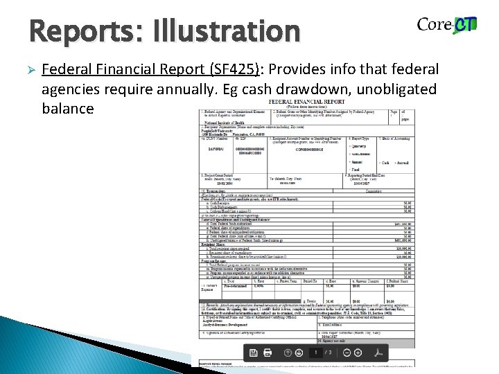 Reports: Illustration Ø Federal Financial Report (SF 425): Provides info that federal agencies require