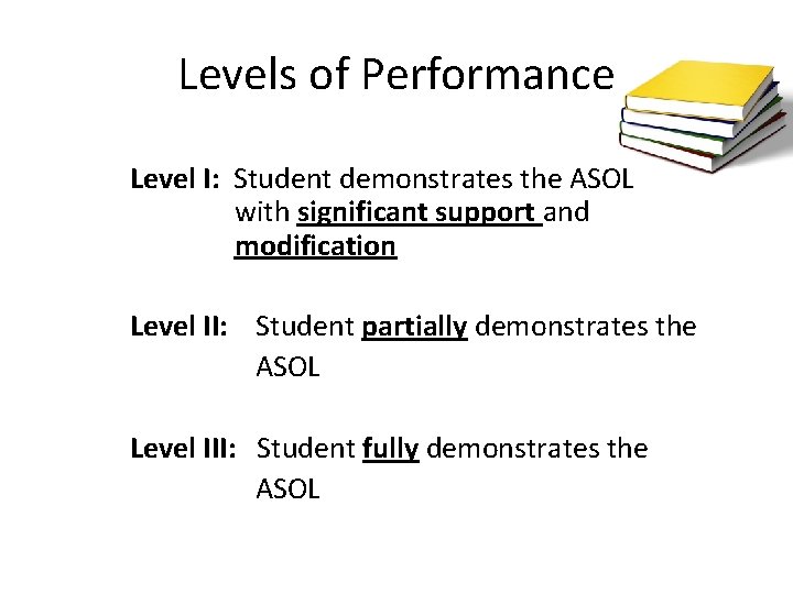 Levels of Performance Level I: Student demonstrates the ASOL with significant support and modification