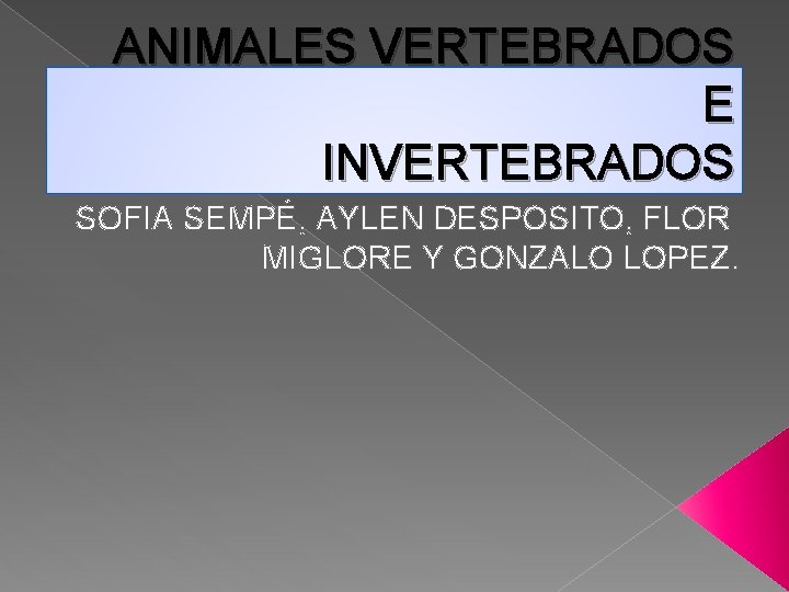 ANIMALES VERTEBRADOS E INVERTEBRADOS SOFIA SEMPÉ, AYLEN DESPOSITO, FLOR MIGLORE Y GONZALO LOPEZ. 