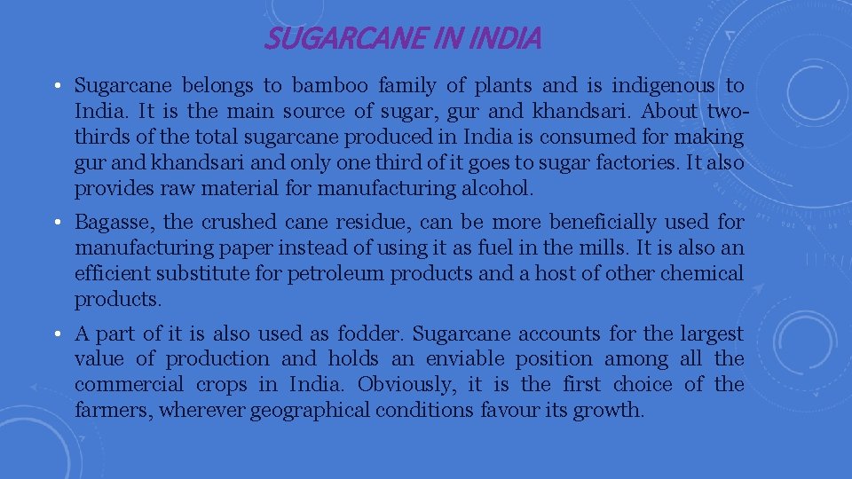 SUGARCANE IN INDIA • Sugarcane belongs to bamboo family of plants and is indigenous