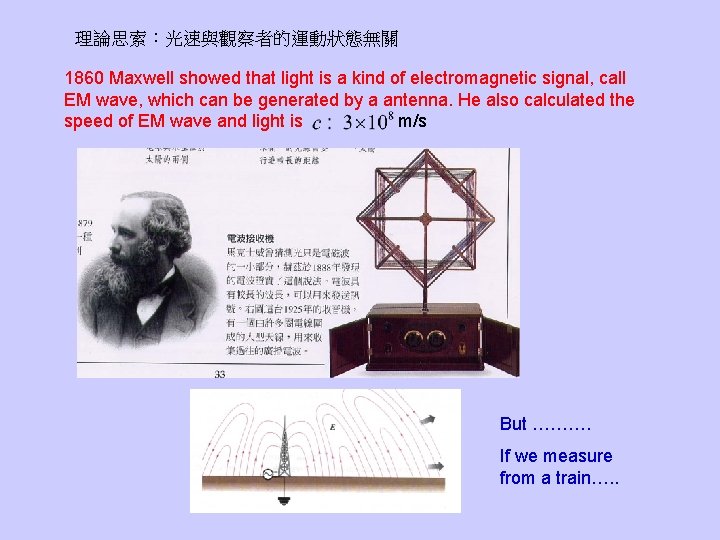 理論思索：光速與觀察者的運動狀態無關 1860 Maxwell showed that light is a kind of electromagnetic signal, call EM