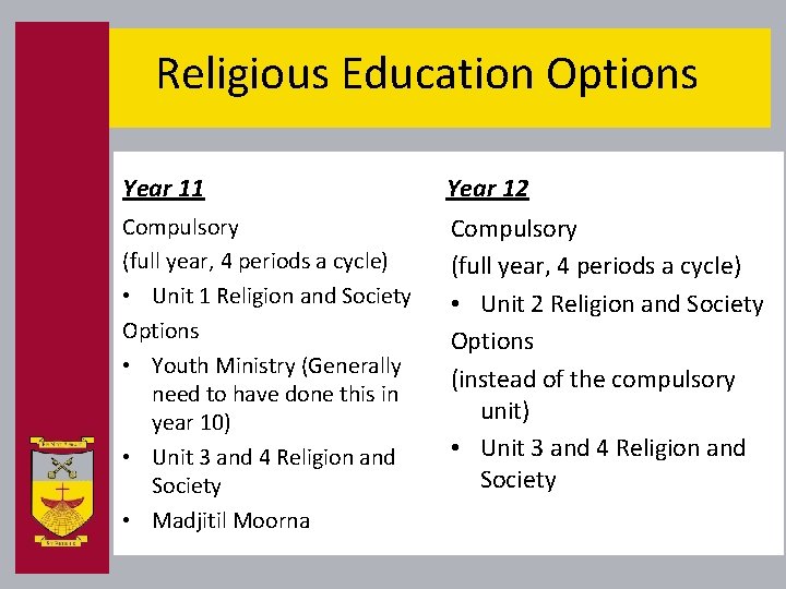 Religious Education Options Year 11 Year 12 Compulsory (full year, 4 periods a cycle)