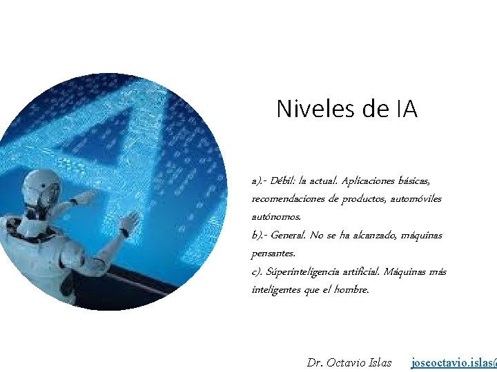 Niveles de IA a). - Débil: la actual. Aplicaciones básicas, recomendaciones de productos, automóviles