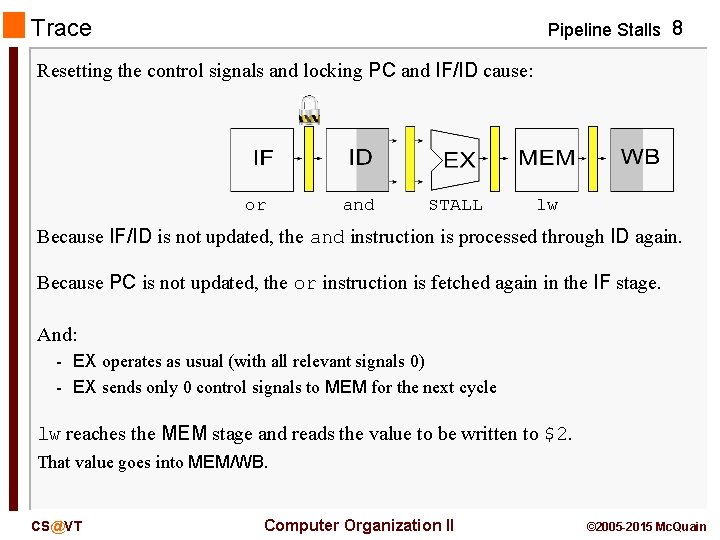 Trace Pipeline Stalls 8 Resetting the control signals and locking PC and IF/ID cause: