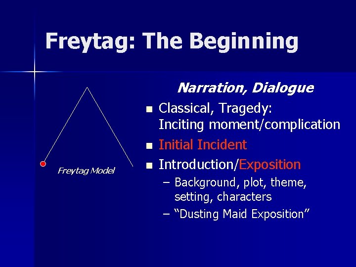Freytag: The Beginning Narration, Dialogue n n Freytag Model n Classical, Tragedy: Inciting moment/complication