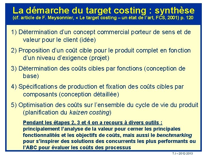 La démarche du target costing : synthèse (cf. article de F. Meysonnier, « Le