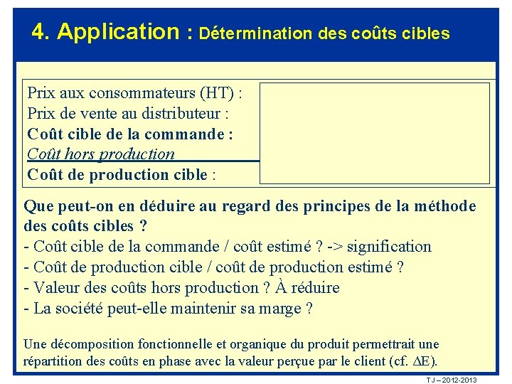 4. Application : Détermination des coûts cibles Prix aux consommateurs (HT) : Prix de