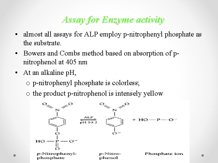 Assay for Enzyme activity • almost all assays for ALP employ p-nitrophenyl phosphate as