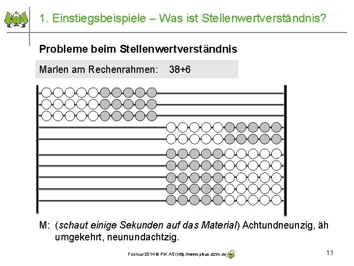 1. Einstiegsbeispiele – Was ist Stellenwertverständnis? Probleme beim Stellenwertverständnis Marlen am Rechenrahmen: 38+6 M: