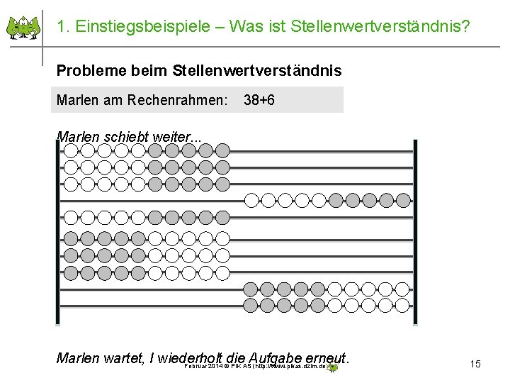 1. Einstiegsbeispiele – Was ist Stellenwertverständnis? Probleme beim Stellenwertverständnis Marlen am Rechenrahmen: 38+6 Marlen