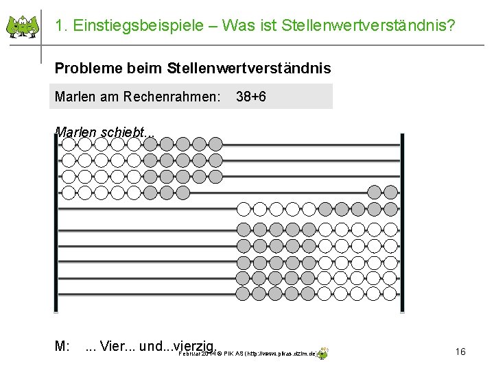 1. Einstiegsbeispiele – Was ist Stellenwertverständnis? Probleme beim Stellenwertverständnis Marlen am Rechenrahmen: 38+6 Marlen