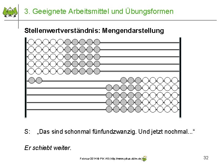 3. Geeignete Arbeitsmittel und Übungsformen Stellenwertverständnis: Mengendarstellung S: „Das sind schonmal fünfundzwanzig. Und jetzt