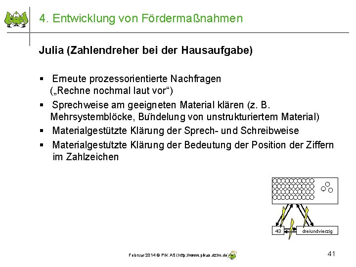 4. Entwicklung von Fördermaßnahmen Julia (Zahlendreher bei der Hausaufgabe) § Erneute prozessorientierte Nachfragen („Rechne