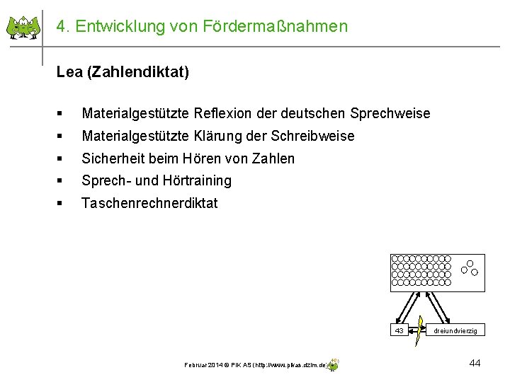 4. Entwicklung von Fördermaßnahmen Lea (Zahlendiktat) § Materialgestützte Reflexion der deutschen Sprechweise § Materialgestützte