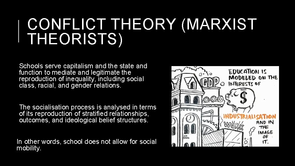 CONFLICT THEORY (MARXIST THEORISTS) Schools serve capitalism and the state and function to mediate