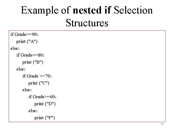 Example of nested if Selection Structures if Grade>=90: print ("A") else: if Grade>=80: print