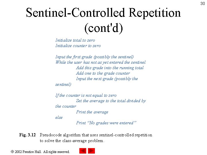 Sentinel-Controlled Repetition (cont'd) Initialize total to zero Initialize counter to zero Input the first