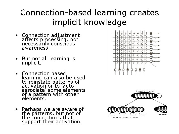 Connection-based learning creates implicit knowledge • Connection adjustment affects processing, not necessarily conscious awareness. Connection-based learning creates implicit knowledge • Connection adjustment affects processing, not necessarily conscious awareness.