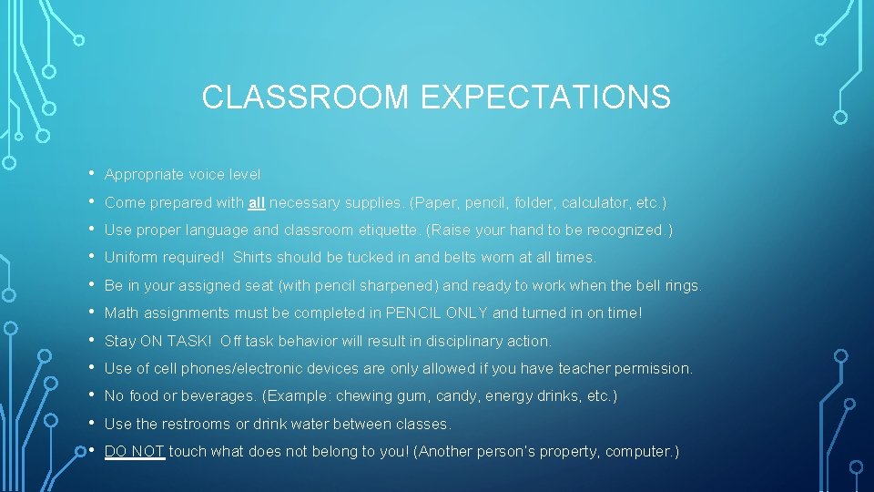 CLASSROOM EXPECTATIONS • • • Appropriate voice level Come prepared with all necessary supplies.