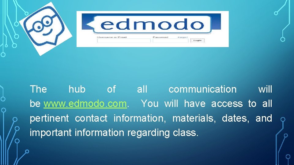 The hub of all communication will be www. edmodo. com. You will have access