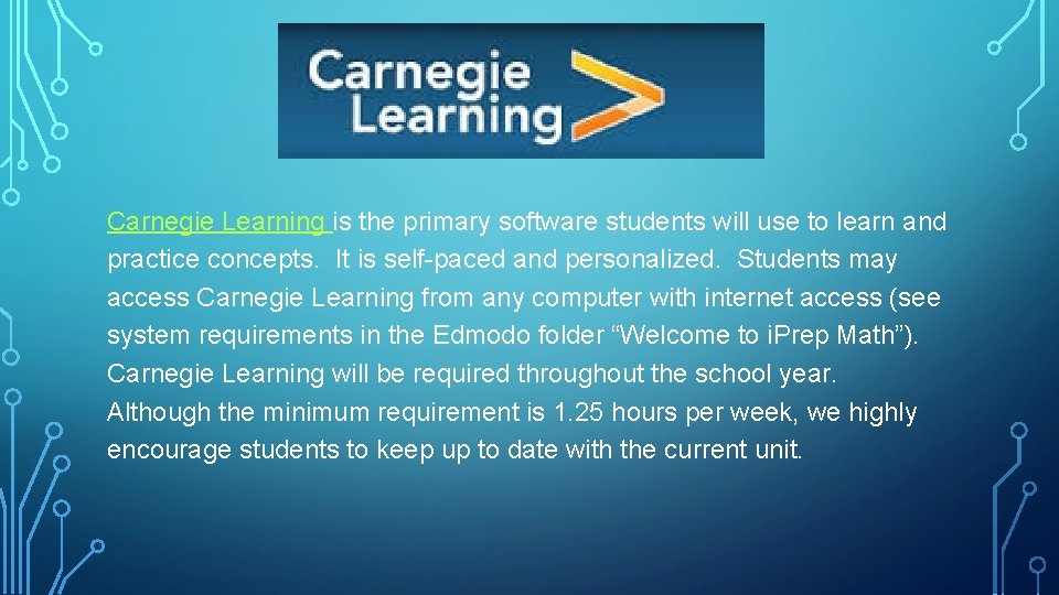 Carnegie Learning is the primary software students will use to learn and practice concepts.