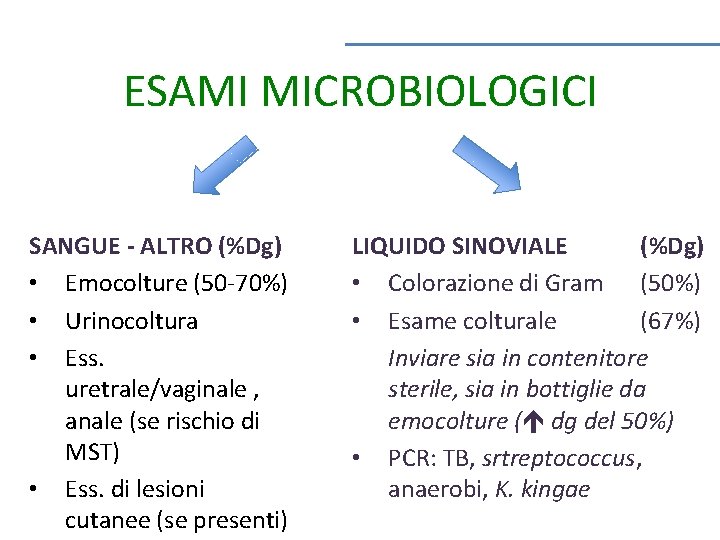 ESAMI MICROBIOLOGICI SANGUE - ALTRO (%Dg) • Emocolture (50 -70%) • Urinocoltura • Ess.