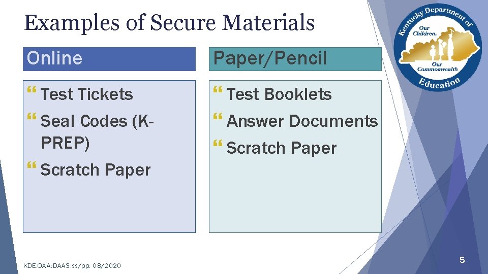 Examples of Secure Materials Online Paper/Pencil } Test Tickets } Seal Codes (KPREP) }