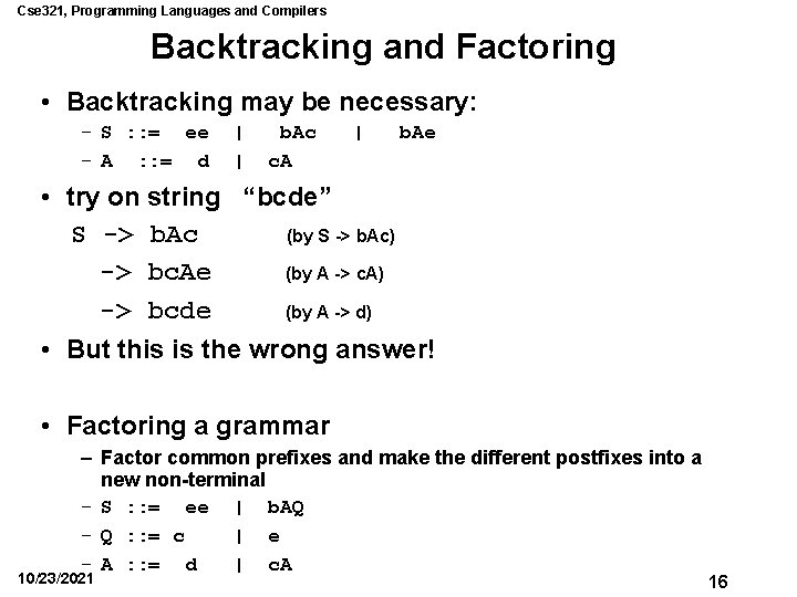 Cse 321, Programming Languages and Compilers Backtracking and Factoring • Backtracking may be necessary: