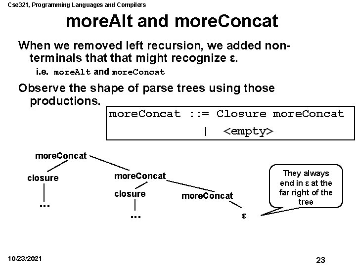 Cse 321, Programming Languages and Compilers more. Alt and more. Concat When we removed