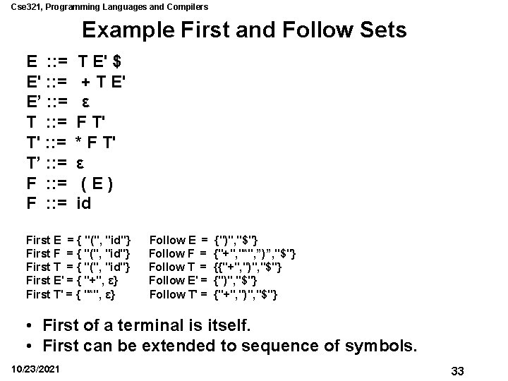 Cse 321, Programming Languages and Compilers Example First and Follow Sets E : :