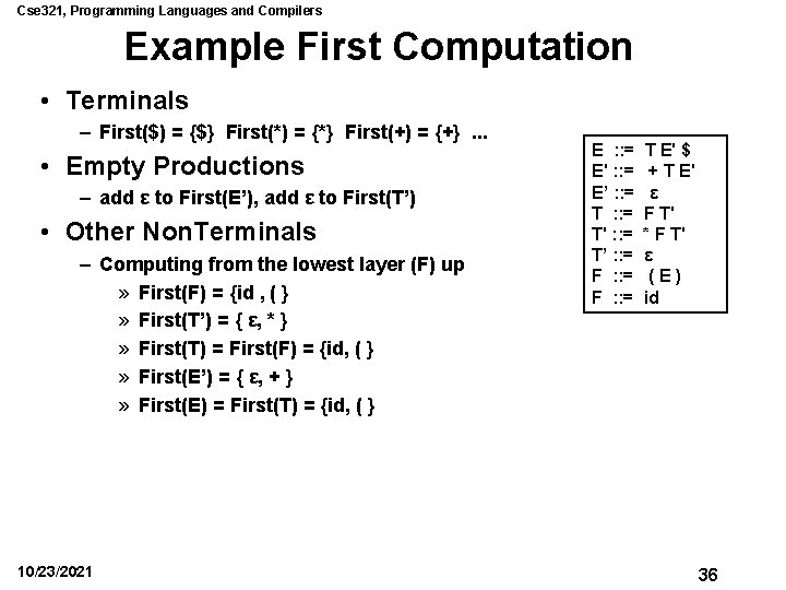 Cse 321, Programming Languages and Compilers Example First Computation • Terminals – First($) =