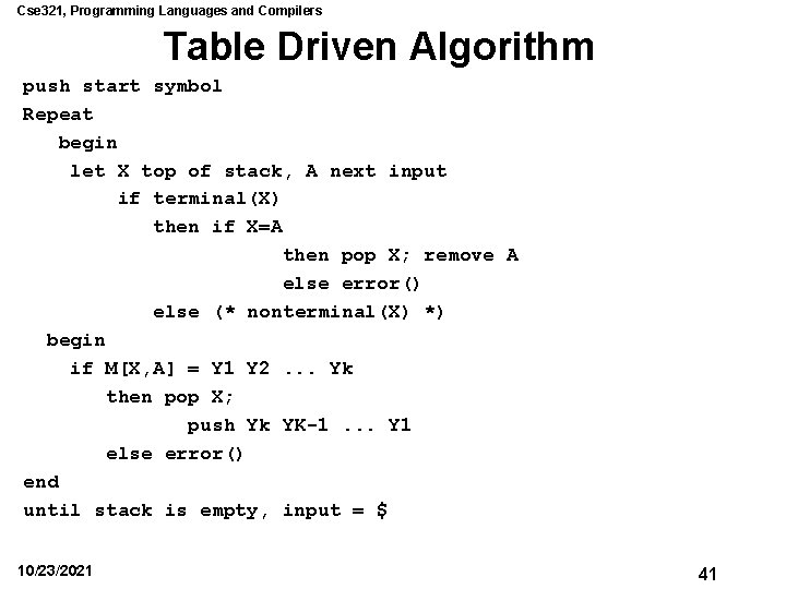 Cse 321, Programming Languages and Compilers Table Driven Algorithm push start symbol Repeat begin