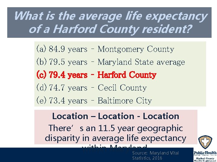 What is the average life expectancy of a Harford County resident? (a) 84. 9