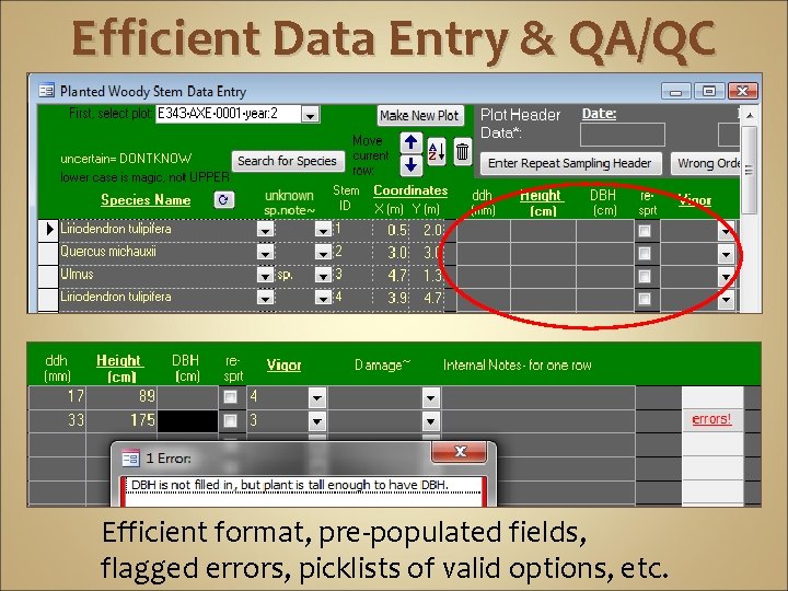 Efficient Data Entry & QA/QC Efficient format, pre-populated fields, flagged errors, picklists of valid