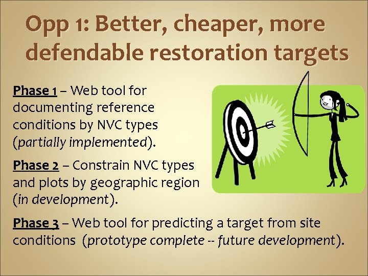 Opp 1: Better, cheaper, more defendable restoration targets Phase 1 – Web tool for