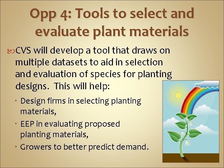 Opp 4: Tools to select and evaluate plant materials CVS will develop a tool