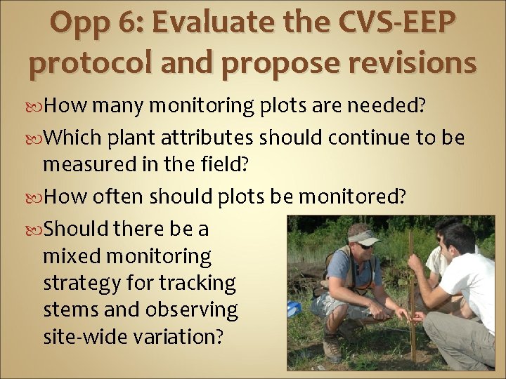 Opp 6: Evaluate the CVS-EEP protocol and propose revisions How many monitoring plots are