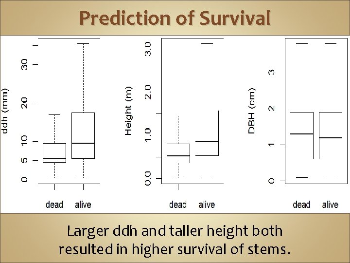 Prediction of Survival Larger ddh and taller height both resulted in higher survival of