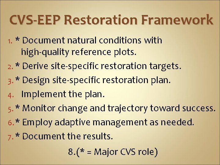 CVS-EEP Restoration Framework * Document natural conditions with high-quality reference plots. 2. * Derive