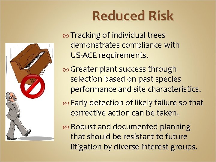 Reduced Risk Tracking of individual trees demonstrates compliance with US-ACE requirements. Greater plant success