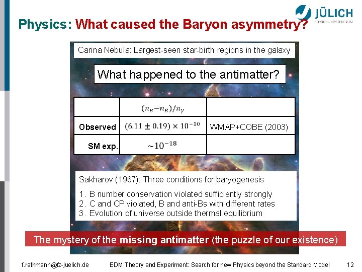 Physics: What caused the Baryon asymmetry? Carina Nebula: Largest-seen star-birth regions in the galaxy