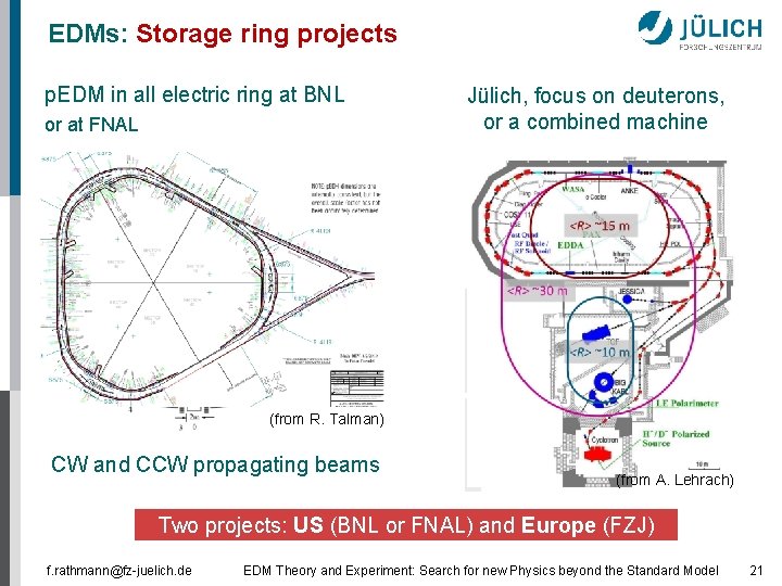 EDMs: Storage ring projects p. EDM in all electric ring at BNL or at