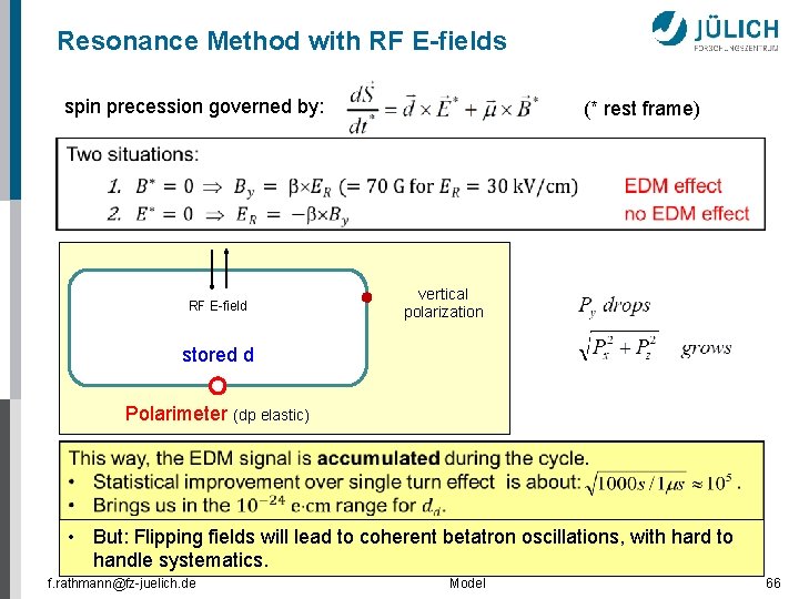 Resonance Method with RF E-fields spin precession governed by: RF E-field (* rest frame)